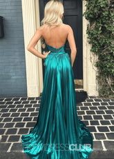 Elvira |Long Emerald Green Prom Dress Metallic With Halter Neck A Line Pleated Criss Slit - Emerald Green - PromDressClub